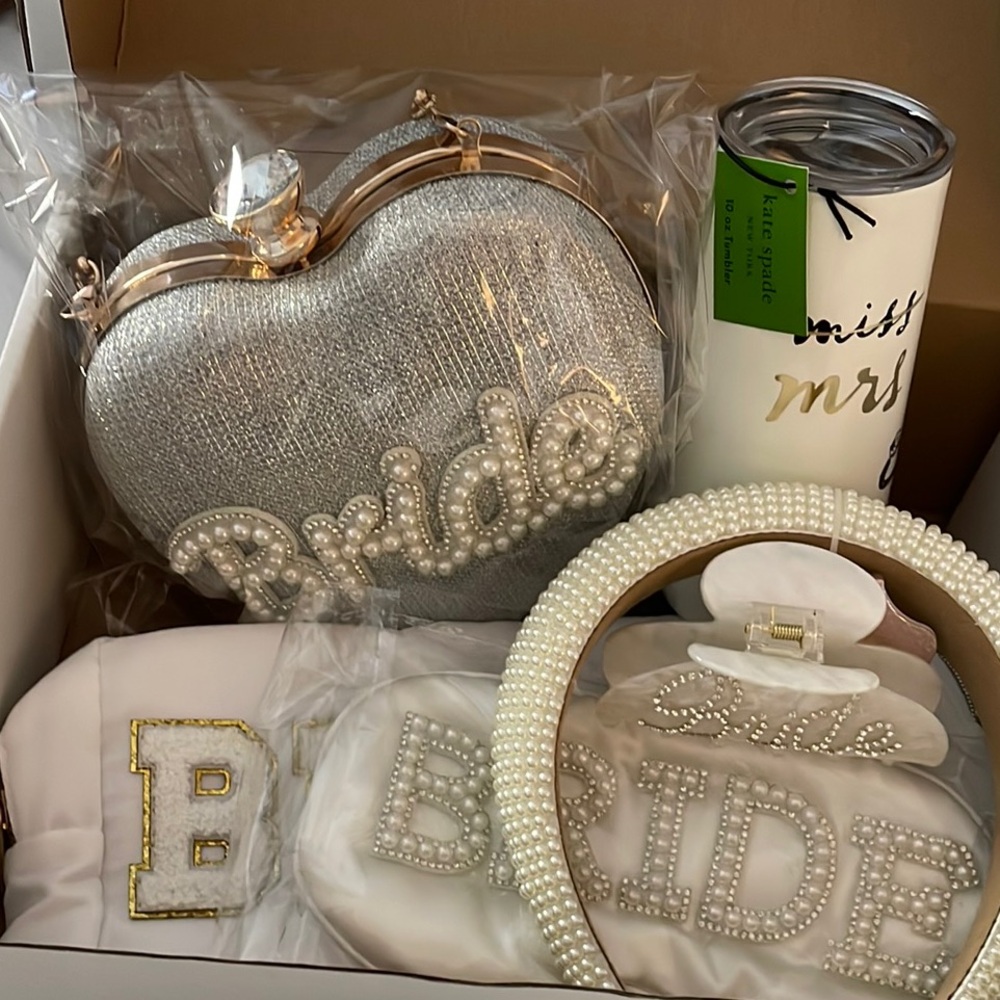 100. Deluxe Bride Gift Box, Kate spade champagne tumbler, heart pearl bag, more!